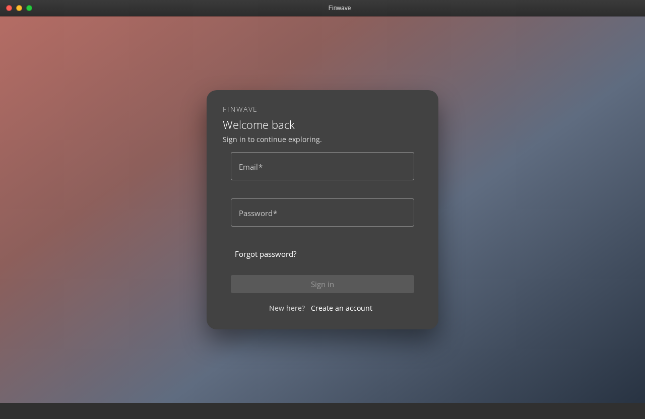Login screen — sign in with your finwave email and password.