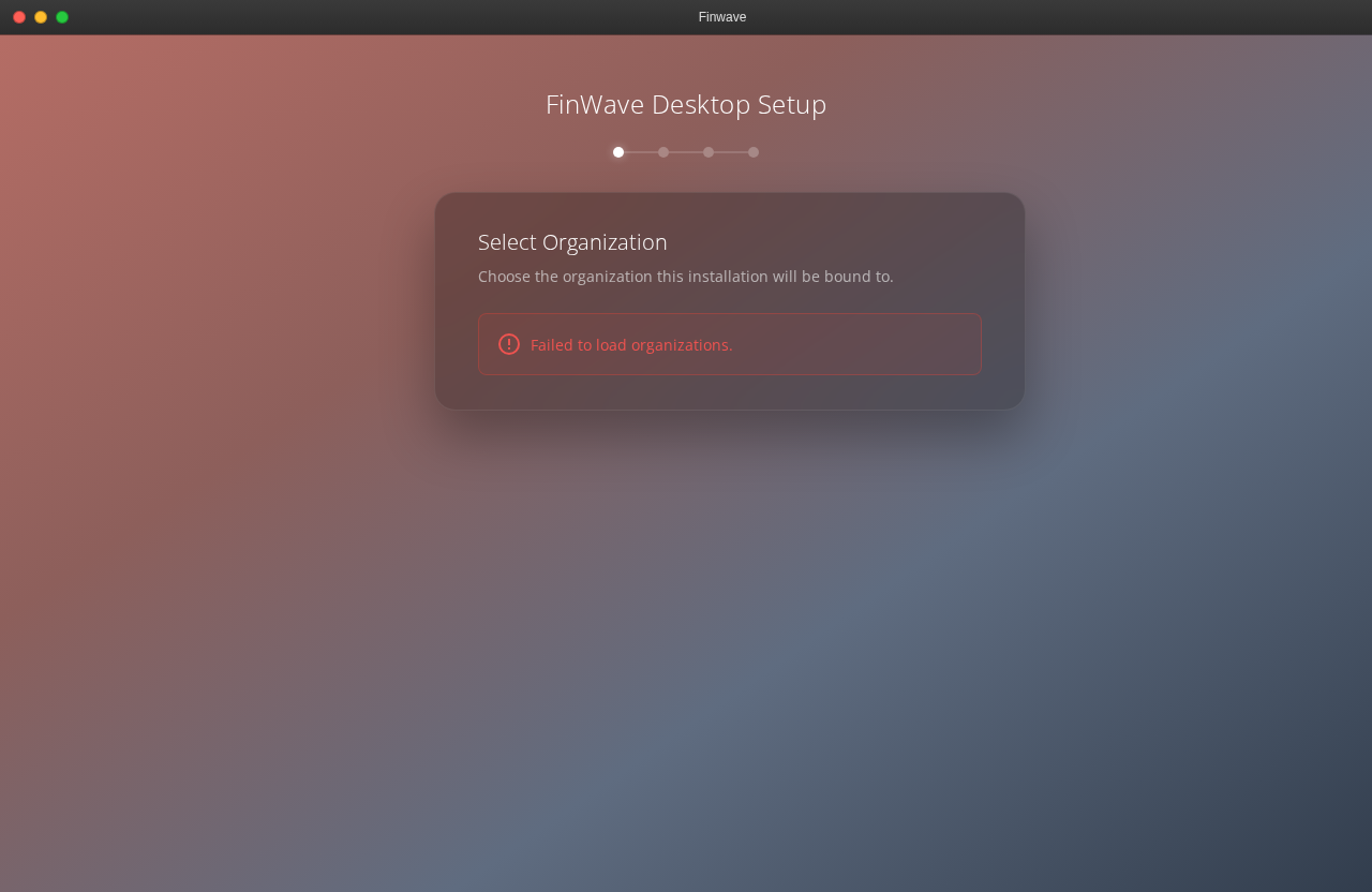 FinWave Desktop on first launch — setup wizard showing the step indicator and the "Select Organization" panel.