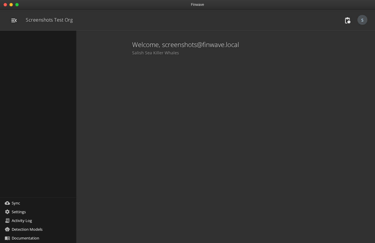 Completed setup — the workspace shows the organization name in the title bar, the assigned population, and a sidebar with Sync, Settings, Activity Log, Detection Models, and Documentation entries.