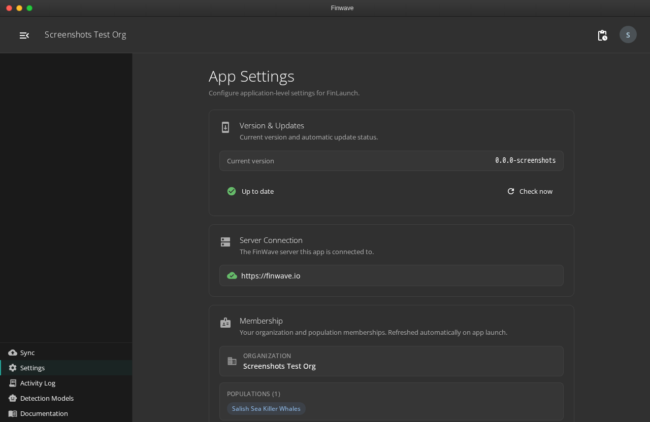 App Settings page — Version & Updates and Server Connection cards above the Membership card; the Azure Storage Connections section sits further down the same page.