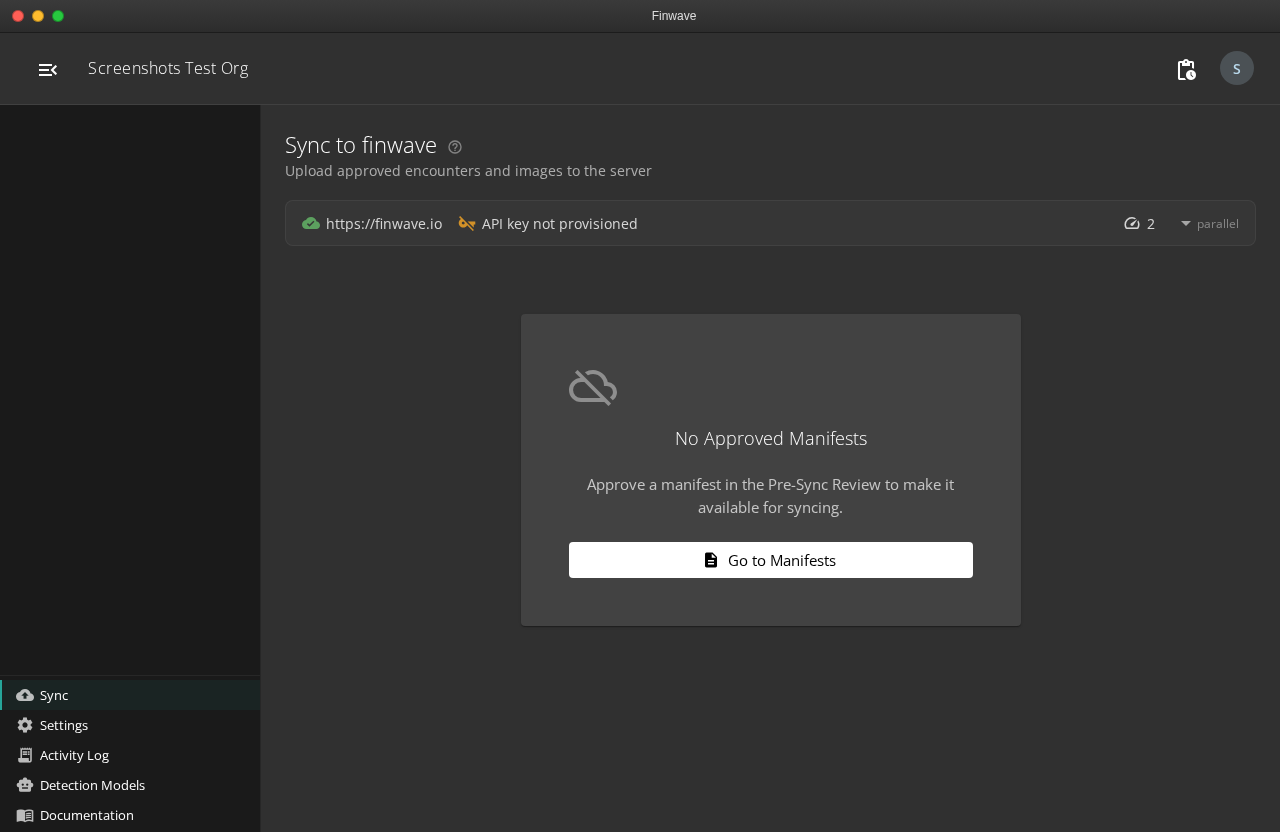Sync page in its empty state — once you have approved manifests, each population gets its own card with a syncing indicator, status counts, and per-manifest action buttons.