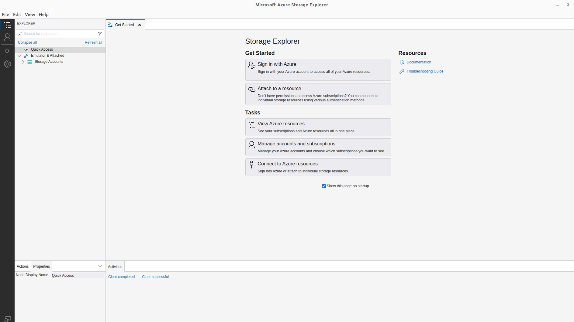Azure Storage Explorer Get Started screen