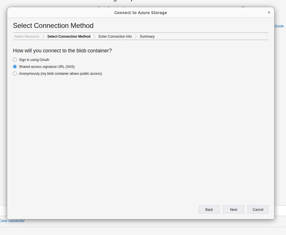 Select Connection Method — Shared access signature URL (SAS)
