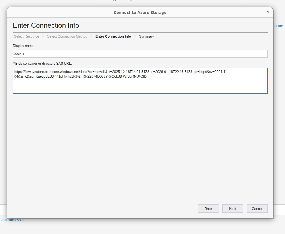 Enter Connection Info — paste the SAS URL