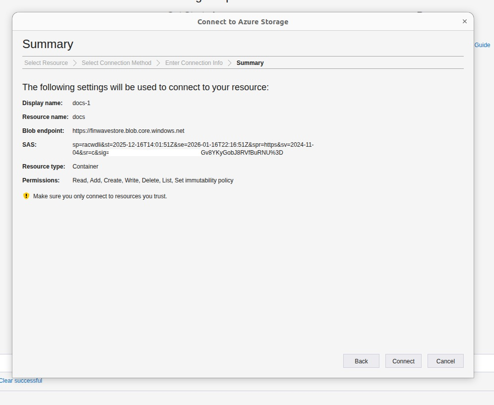 Summary screen before connecting