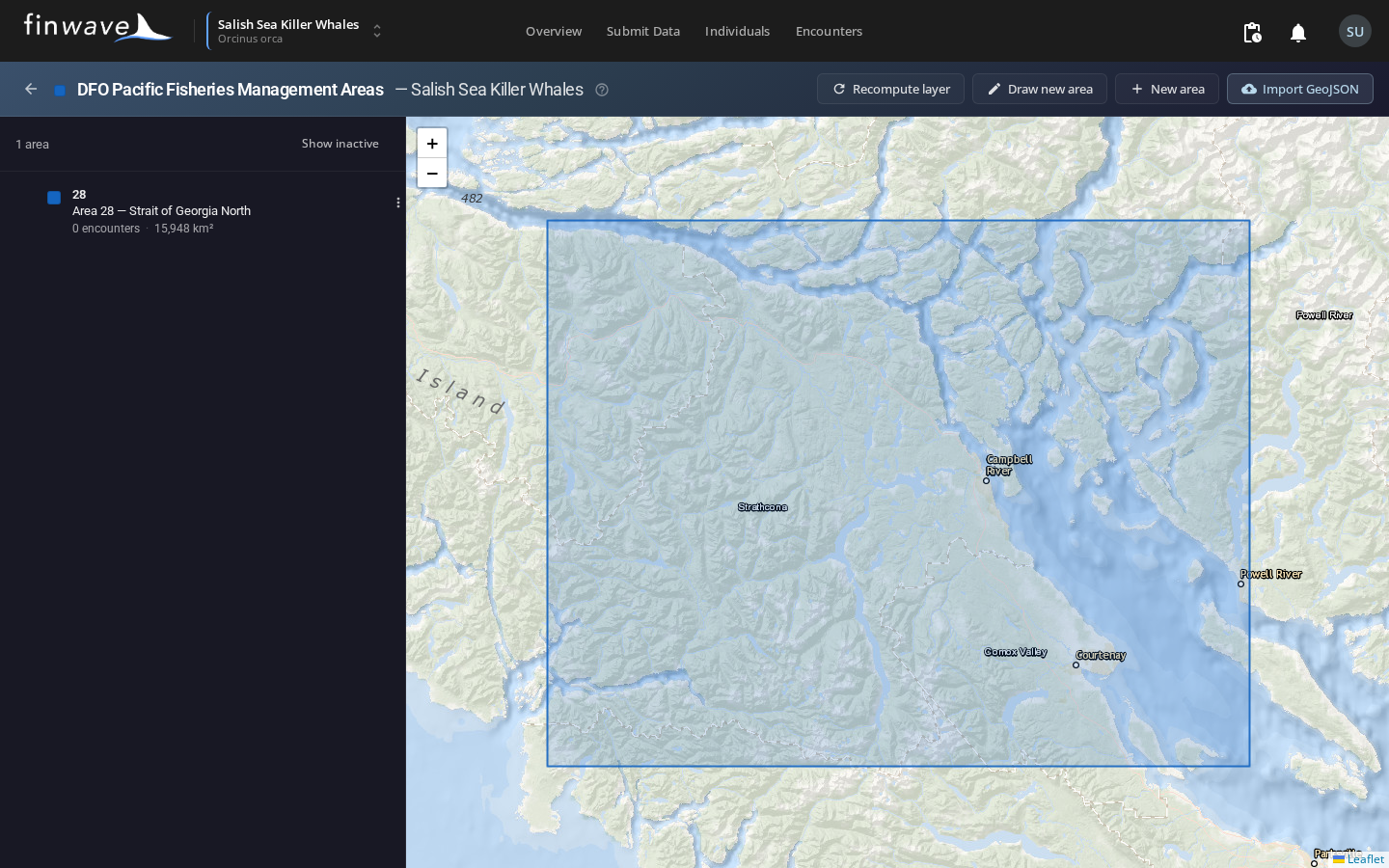 The per-layer canvas page: areas list on the left, an interactive map on the right with the layer's polygons rendered. The toolbar above hosts the draw, paste-geometry, and import buttons.
